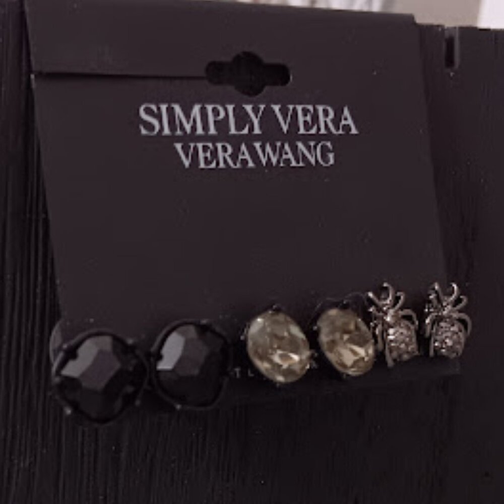 VERA WANG 3pc Goth Hematite Spider/Black + Green-Gray Crystal Stud Earrings**NEW - Picture 2 of 3
